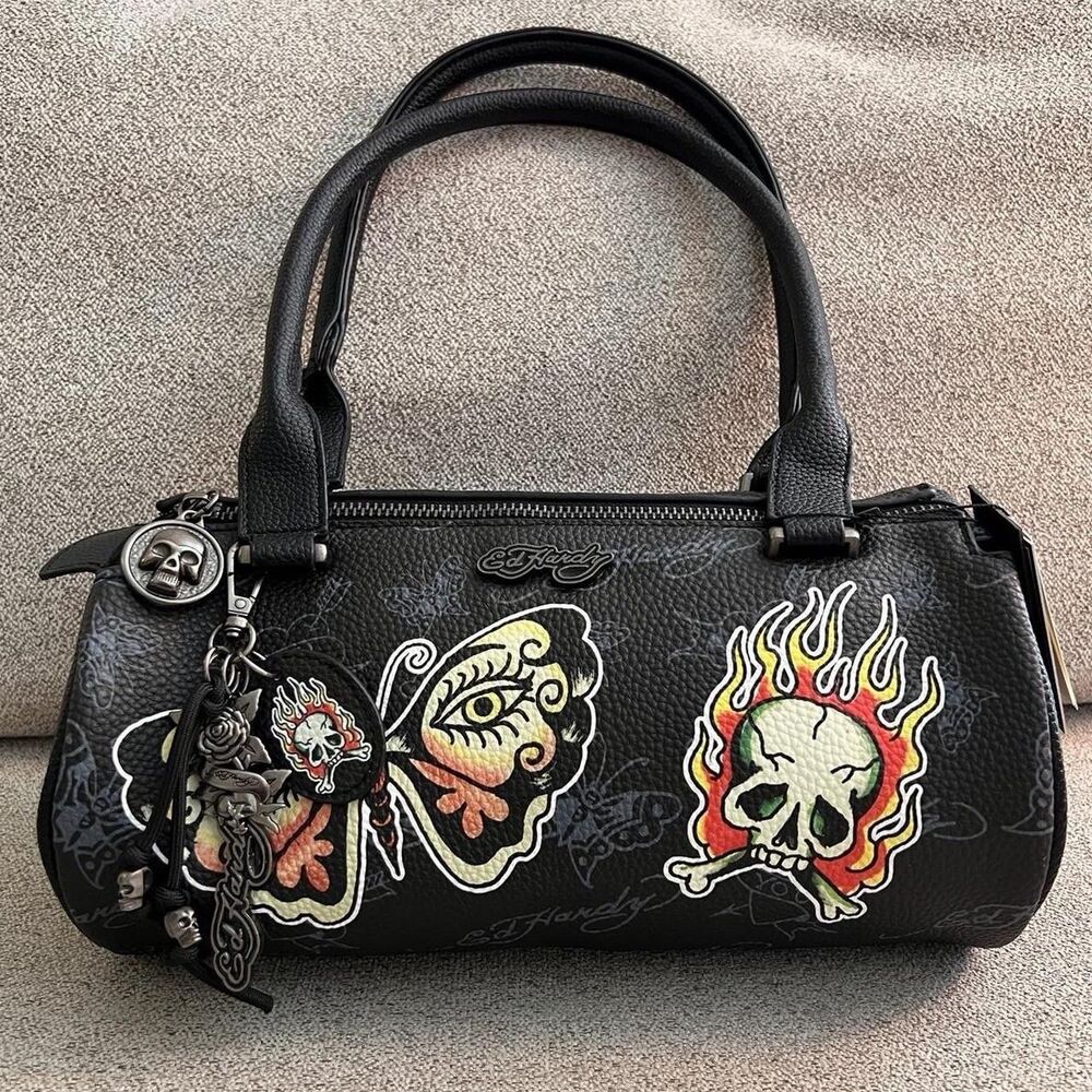 Ed Hardy Barrel Bag (Moth Butterfly + Skull) with Charms